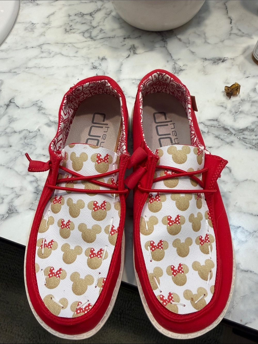 Hey Dude Women's Red and Gold Patterned Slip-On Loafers